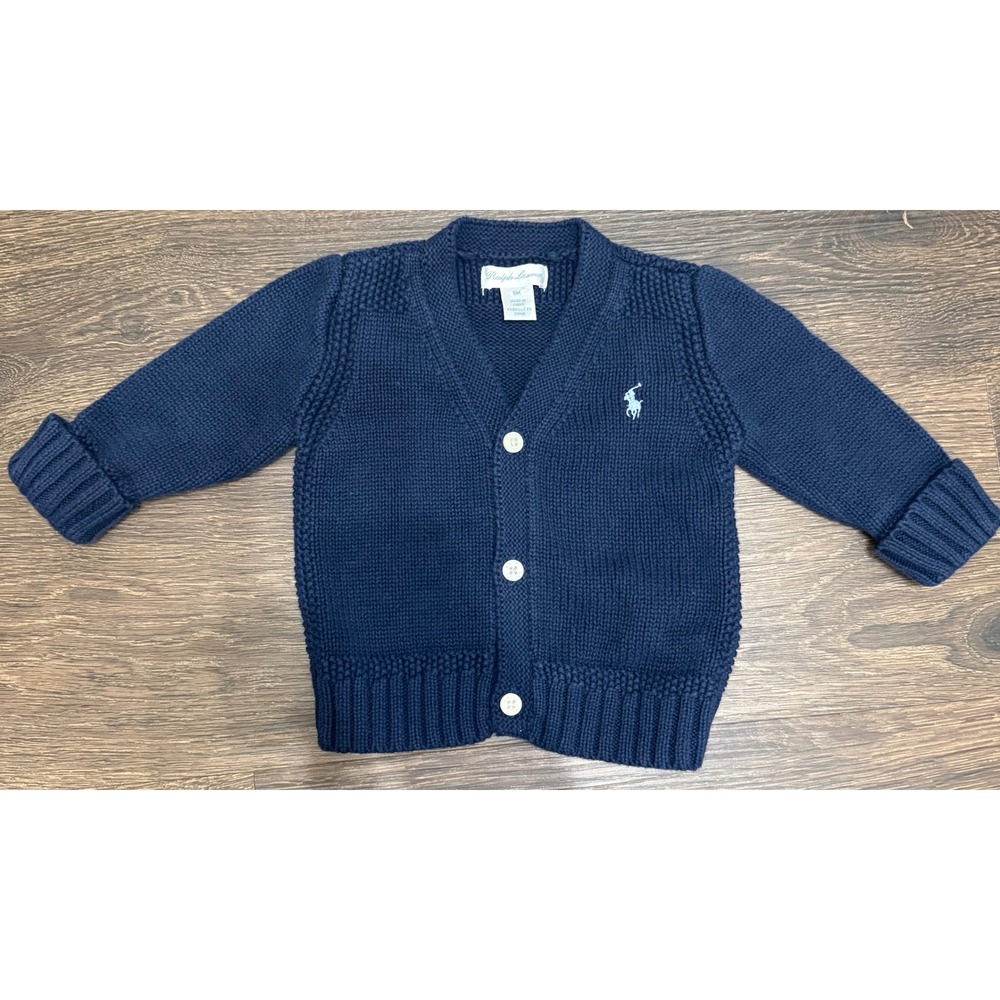 Ralph Lauren Baby Cardigan 6M Navy Knit White Pony Button Front